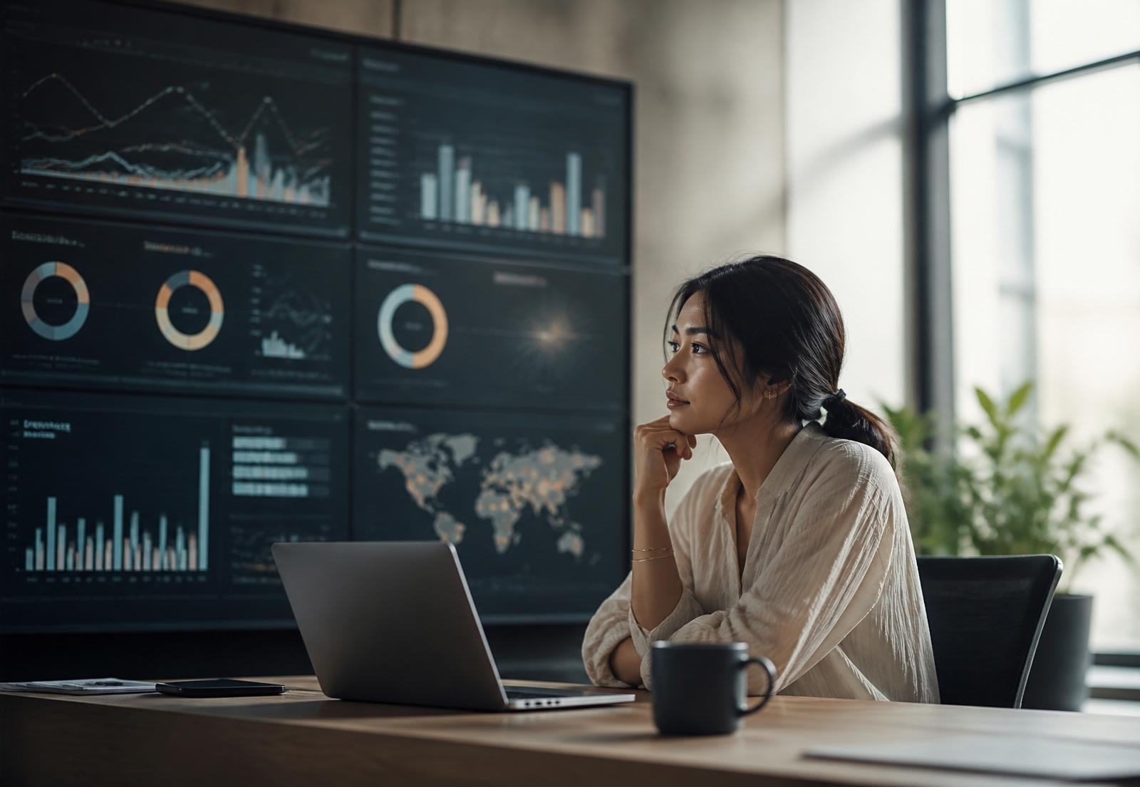 A technology professional reviewing analytics dashboards in a modern office
