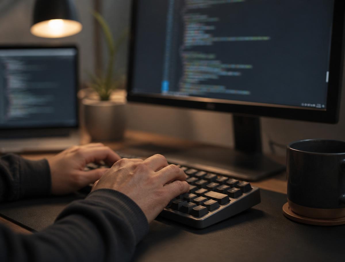 Close-up of a developer typing code on a mechanical keyboard