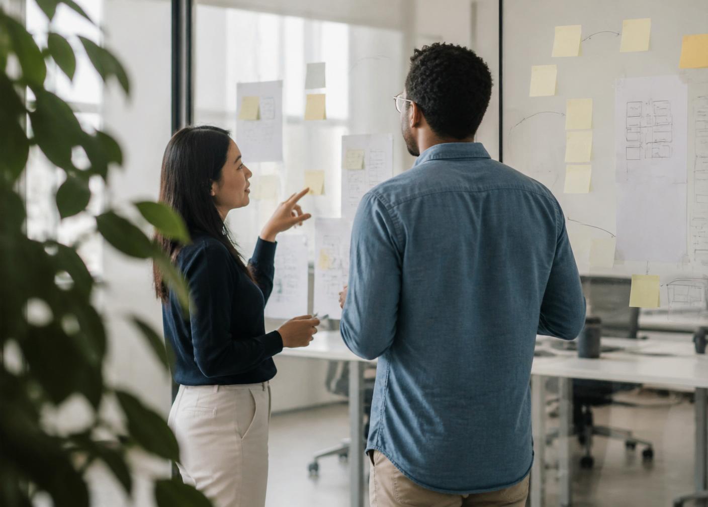 Two colleagues discussing a project in front of a wall of design notes